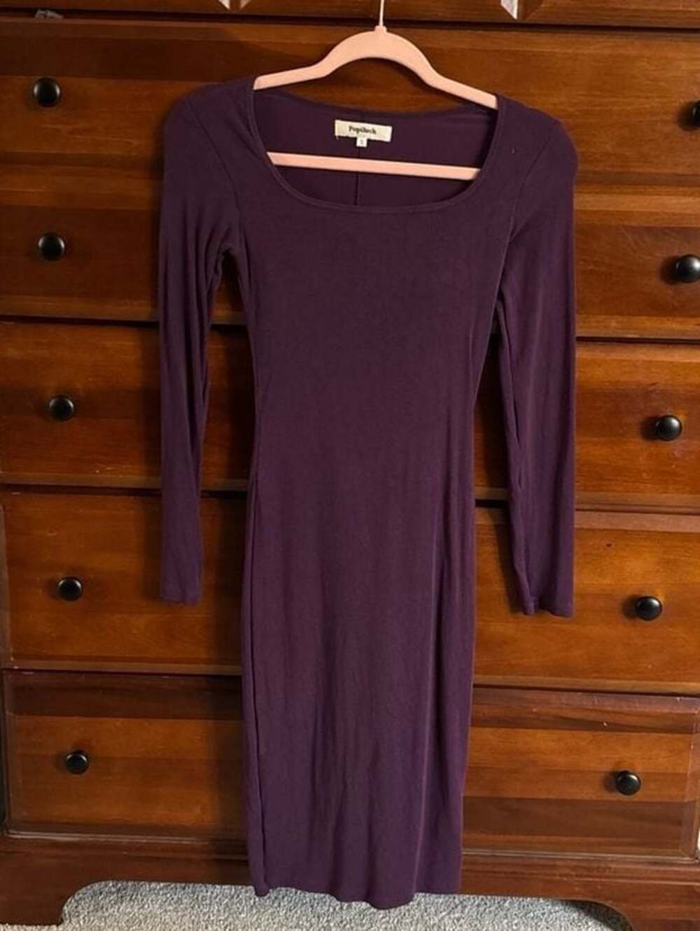 Popilush Built-In Shapewear Long Sleeve Ribbed Modal Maxi Dress in Plum